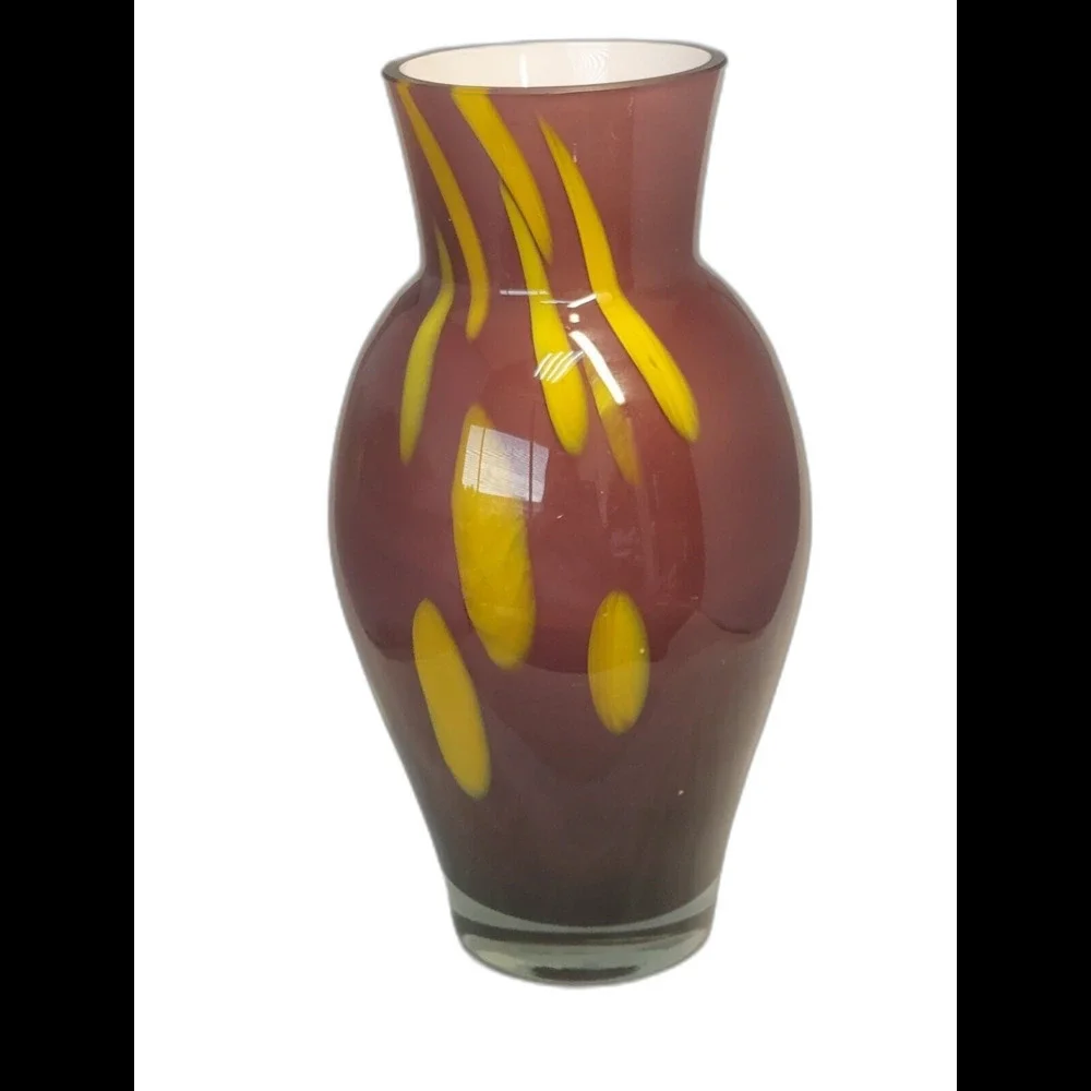 HEAVY  AMETHYST PURPLE YELLOW DESIGN ART GLASS VASE 9 1/4